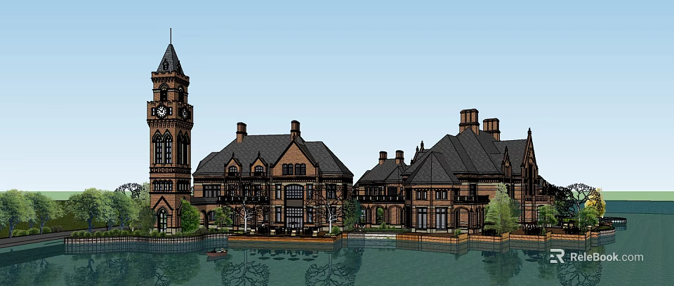 European Style Architecture With Clock Tower Brick Structure Dark Roof And Waterfront View 3d model 
