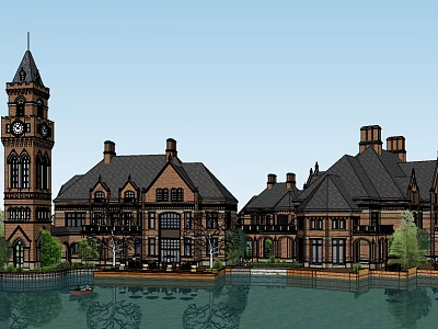 European Style Architecture With Clock Tower Brick Structure Dark Roof And Waterfront View 3d model