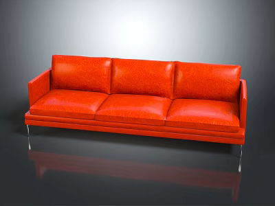 Modern Red Leather Three-Seater Sofa With Sleek Metal Legs And Reflective Floor 3d model