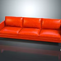 Modern Red Leather Three-Seater Sofa With Sleek Metal Legs And Reflective Floor