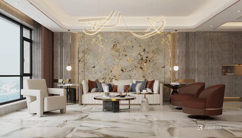 Luxury Modern Living Room With Marble Accent Wall And Elegant Cozy Home Furnishing Design 3d model 