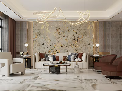 Luxury Modern Living Room With Marble Accent Wall And Elegant Cozy Home Furnishing Design 3d model