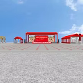 Decorative Red Canopies in Spacious Open Square with Blue Sky White Clouds 3d model
