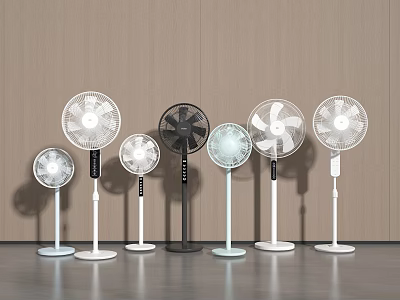 Assorted Air Cooler Fans in Various Colors and Sizes on Gray Floor with Wooden Wall 3d model