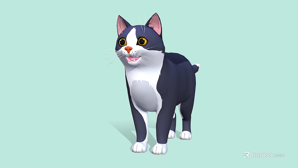 Cartoon Cat with Gray and White Fur Orange Eyes Smiling Expression on Light Green Background 3d model 