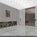 Modern Elevator Lobby Design With Geometric Ceiling Decorative Paintings Green Plants And Marble Floor