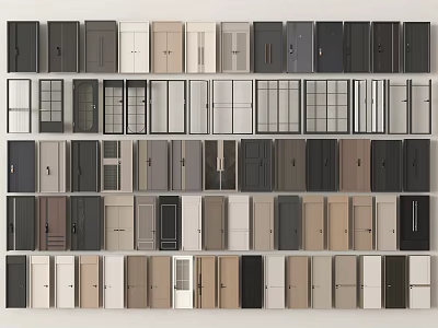 Various Styles of Modern Hinged Doors Featuring Glass Panels and Neutral Color Designs 3d model