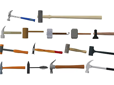 Hardware Tools Collection Featuring Different Types of Hammers With Wooden Handles and Metal Heads 3d model