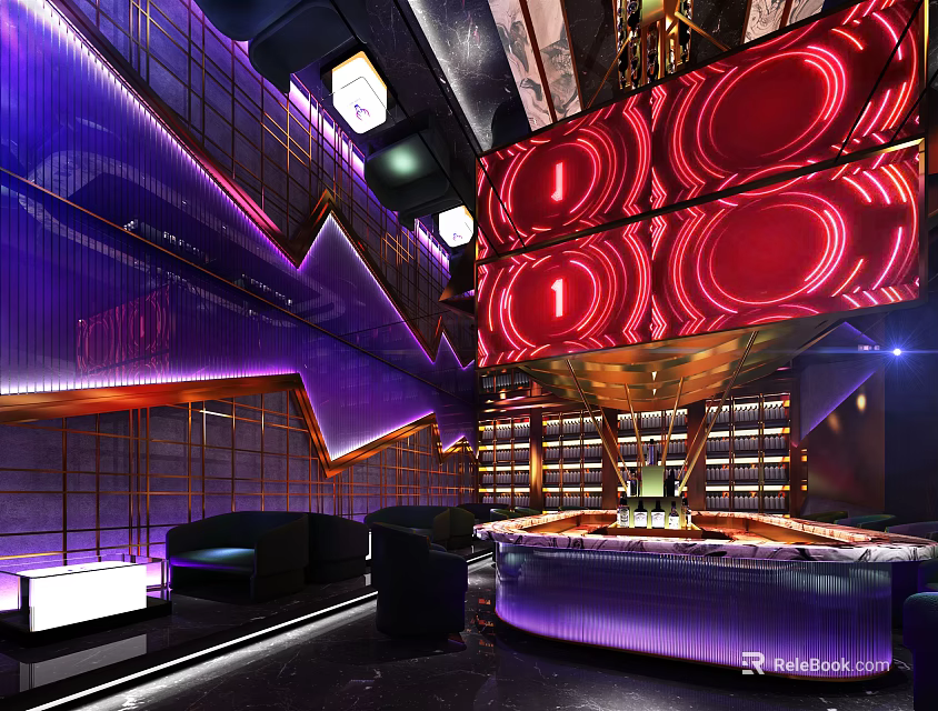 Modern Bar Interior With Neon Lights Purple And Red Lighting And Sofa Seating 3d model 