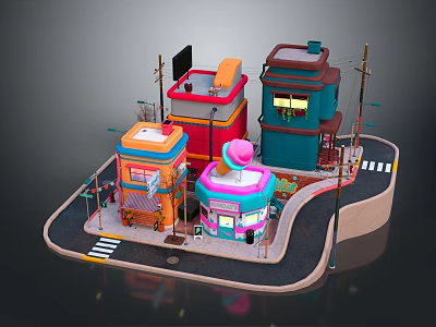 Cartoon Town Scene Featuring Colorful Buildings Various Shops And Street Lamps 3d model