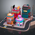 Cartoon Town Scene Featuring Colorful Buildings Various Shops And Street Lamps