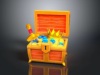 Open Golden Storage Chest Containing Gold Coins Blue Gems Red Handled Sword And Crown 3d model