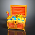 Open Golden Storage Chest Containing Gold Coins Blue Gems Red Handled Sword And Crown