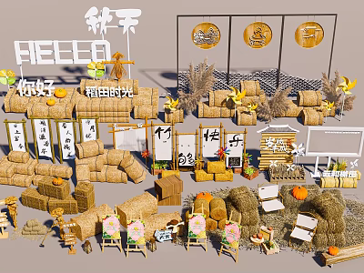Autumn Harvest Themed Decorations with Bamboo Straw Bales and Pumpkins for Fall Season Ambiance 3d model