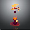 Artistic Red Lamp Installation Displaying Goldfish With Yellow Wings And Red Reflective Base