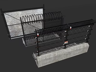 Security Fence for Building Exterior Wall With Chain Link Barbed Wire and Concrete Base 3d model