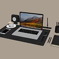 Modern Laptop Desk Setup With Smartphone Coffee Cup Clock Pen Holder And Notebook