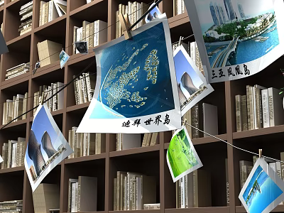 Wooden Bookshelf With Books And Hanging Photos Of World Map And Architectural Views 3d model