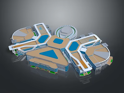 Modern Building Complex With Geometric Roofs Blue Open Areas And Connected Walkways 3d model