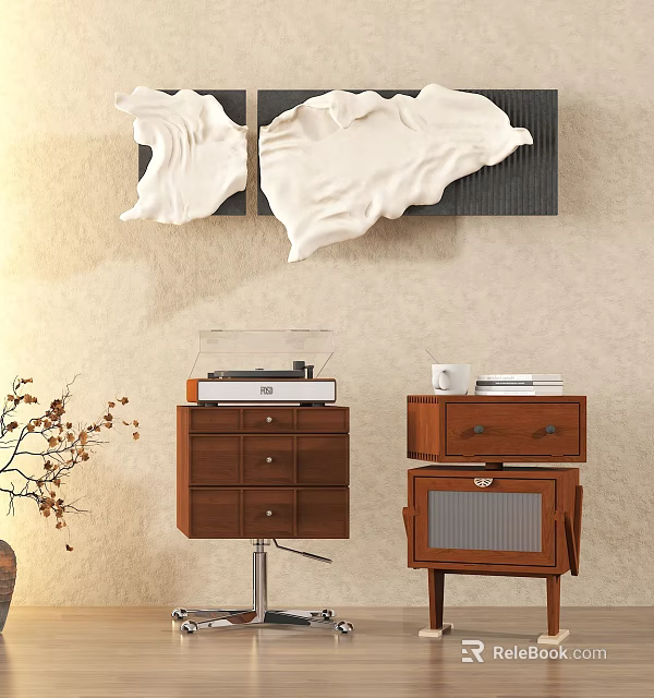 Cozy Interior With White Sculptural Wall Decor Turntable Wooden Cabinets Mug Books And Dried Branch 3d model 