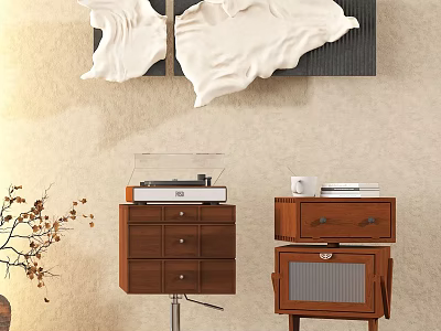 Cozy Interior With White Sculptural Wall Decor Turntable Wooden Cabinets Mug Books And Dried Branch 3d model