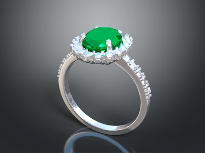 Elegant Silver Ring With Round Green Gemstone And Sparkling Diamond Accents 3d model