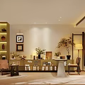 Chinese Style Leisure Room With Seating Art And Plants