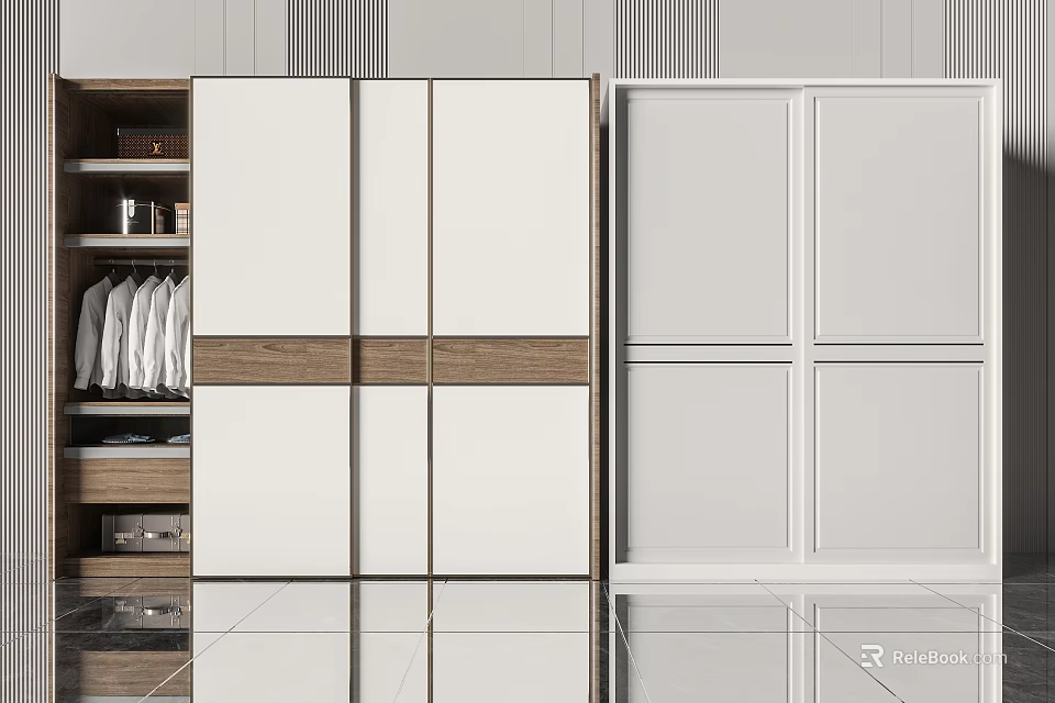 Modern Wardrobes with Sliding Doors White Panels and Wooden Accents 3d model 