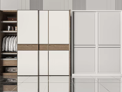 Modern Wardrobes with Sliding Doors White Panels and Wooden Accents 3d model