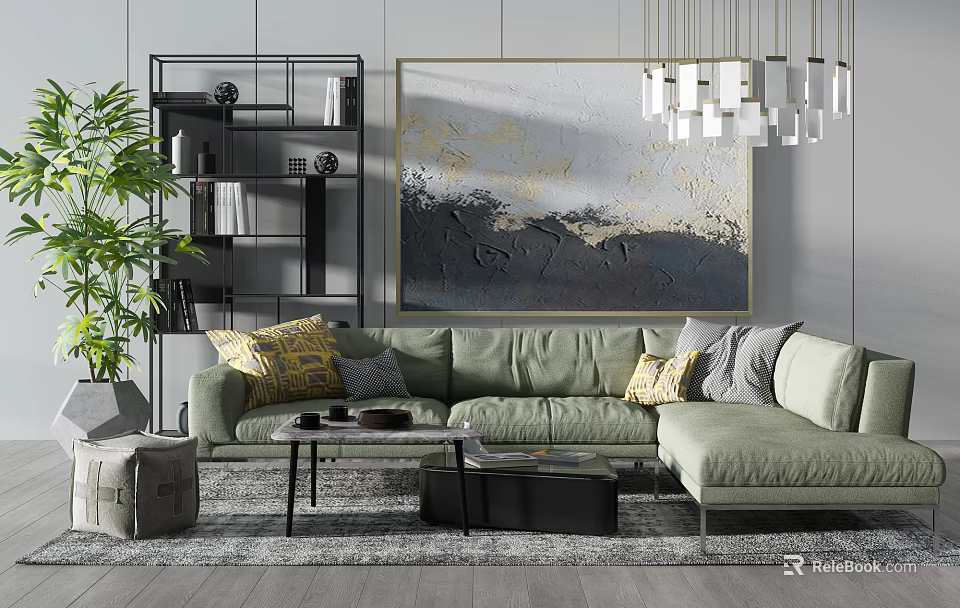Light Green Sofa And Coffee Table With Multiple Pillows Abstract Painting Green Plant And Chandelier 3d model 