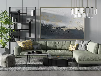 Light Green Sofa And Coffee Table With Multiple Pillows Abstract Painting Green Plant And Chandelier 3d model