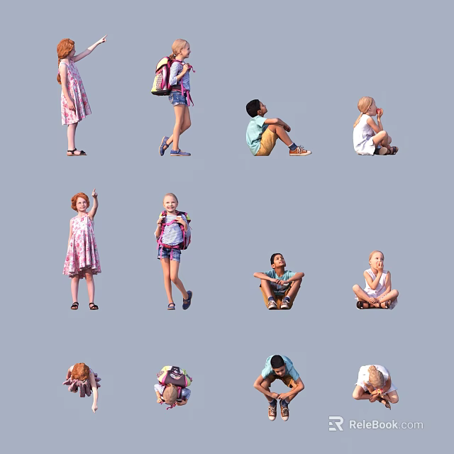 Group of Children in Various Poses Standing Sitting and Different Actions 3d model 