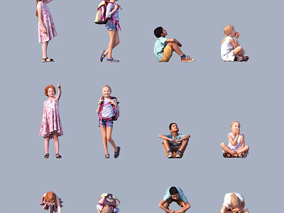 Group of Children in Various Poses Standing Sitting and Different Actions 3d model