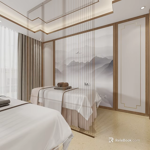 Elegant SPA Sauna Room With Massage Beds And Landscape Wall Art 3d model 