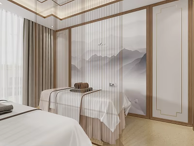 Elegant SPA Sauna Room With Massage Beds And Landscape Wall Art 3d model