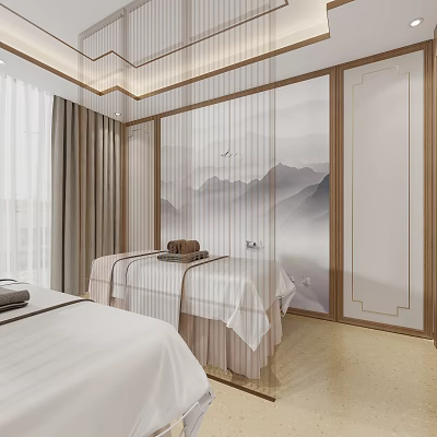 Elegant SPA Sauna Room With Massage Beds And Landscape Wall Art 3d model