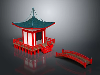 Cartoon Scene With Japanese Style Pavilion Red Base White Walls Green Roof and Red Bridge 3d model