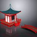 Cartoon Scene With Japanese Style Pavilion Red Base White Walls Green Roof and Red Bridge