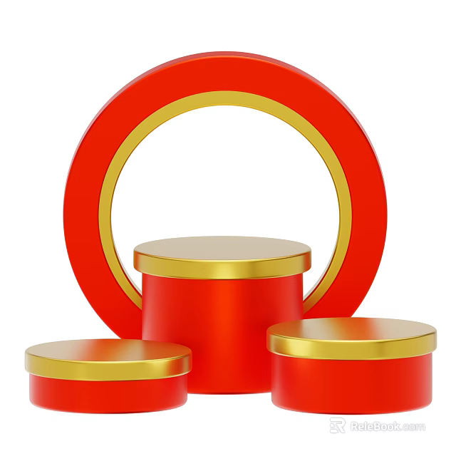 Red And Gold Decorative Ornament Set With Cylindrical Pedestals And Circular Ring Design 3d model 