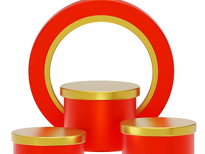 Red And Gold Decorative Ornament Set With Cylindrical Pedestals And Circular Ring Design 3d model