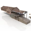 Dilapidated Brick Building Structure With Damaged Roof And Scattered Boxes 3d model