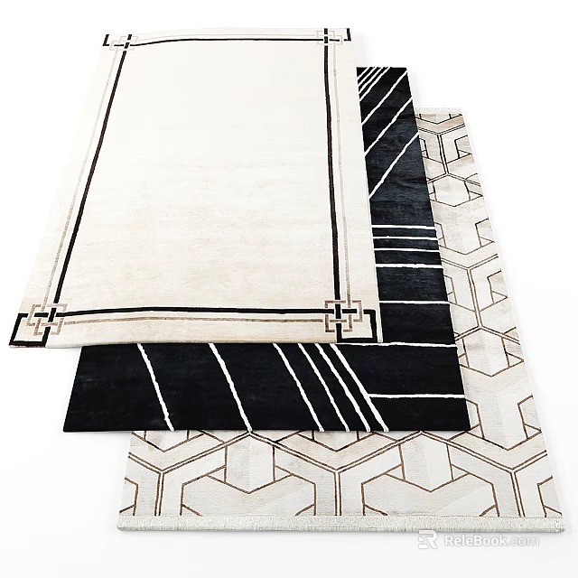 Modern Square Rugs With Black White Beige Geometric Hexagonal Patterns And Stripes 3d model
