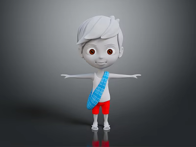 3D Cartoon Boy Character With Red Shorts White Hair Red Eyes And Blue Plaid Cloth 3d model
