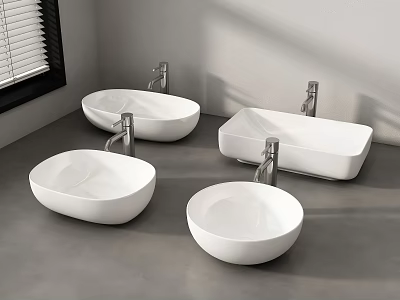 Four White Washbasins With Silver Faucets On Grey Countertop In Bathroom 3d model