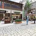Traditional Chinese Commercial Street With Cobblestone Pavement Shop Signs And Pedestrians