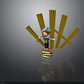 Child Standing On Stacked Books With Wooden Planks Wearing Blue Hat And Colorful Outfit