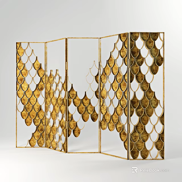 Golden Fish Scale Pattern Laser Cut Room Divider For Modern Interior Decor 3d model