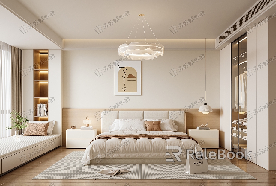 Modern Cream Style Bedroom Double Bed Vase Ornaments Chandelier Wardrobe Book Carpet Curtain Table Lamp model