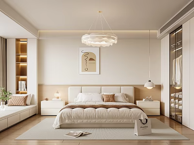 Modern Bedroom Interior Design With Bed Bedside Tables Chandelier Wardrobe And Wall Art 3d model
