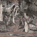 Scenic Natural Cave Interior With Rock Walls And Wooden Walkway